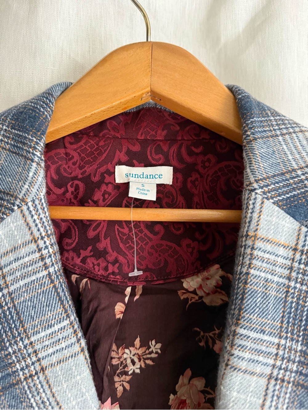 NWOT Sundance Plaid Wool Blend Blazer Coat S Longline Floral Lined Blue Jacket - Picture 5 of 12